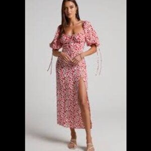 Showpo. Red and White Ditsy Floral Red Dress Midi Slitted Dress Size 16